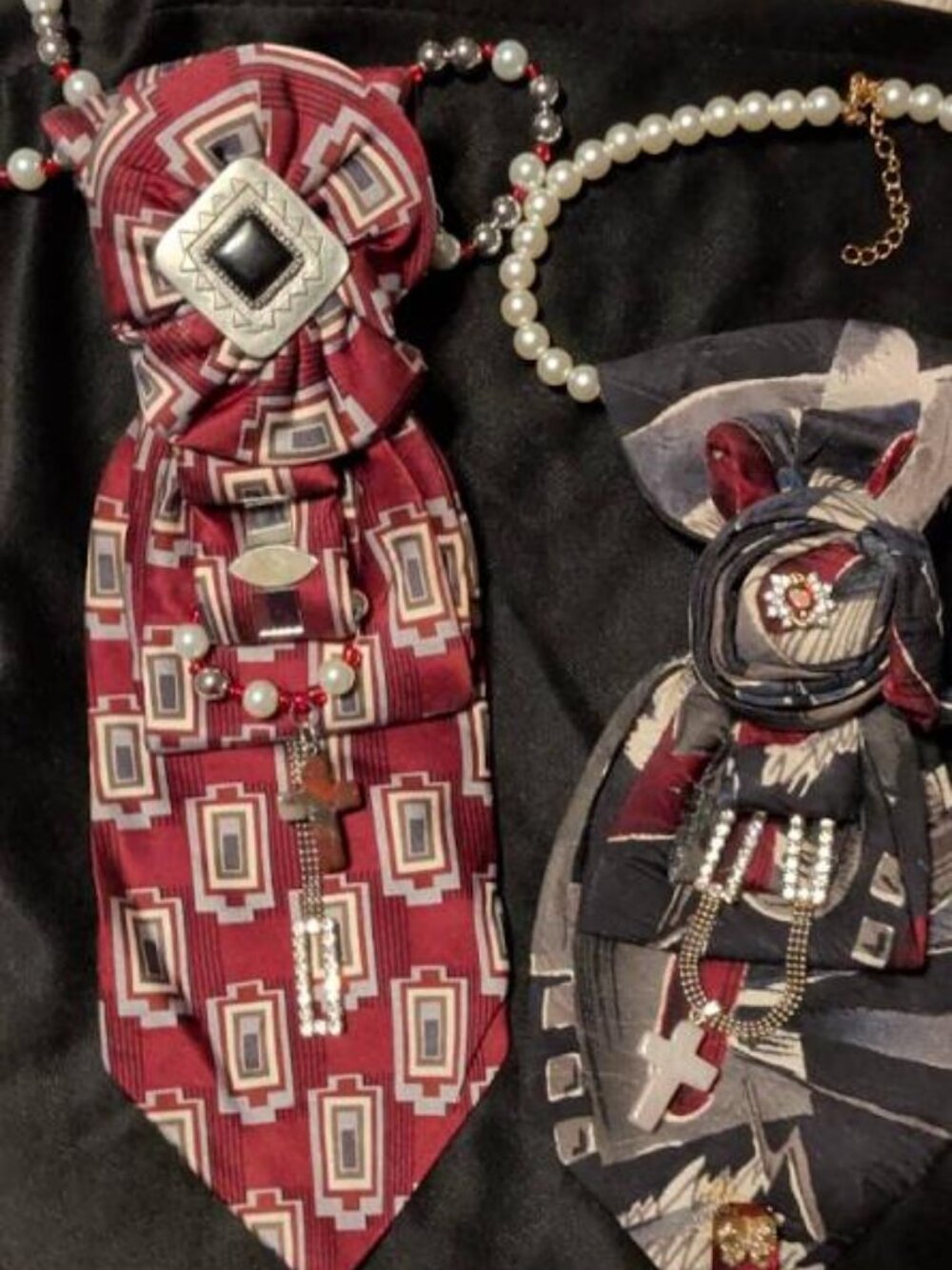 Set of 2 OOAK Broken 2 Beautiful Christian Novelty Tie Necklaces Crosses